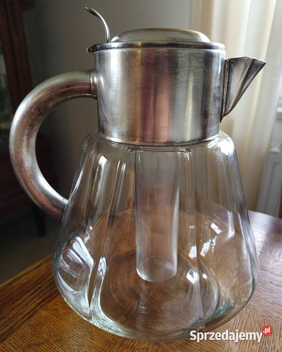 Piękny stary dzban ze szklanym wkładem na ld Porcelana i szkło Radłów