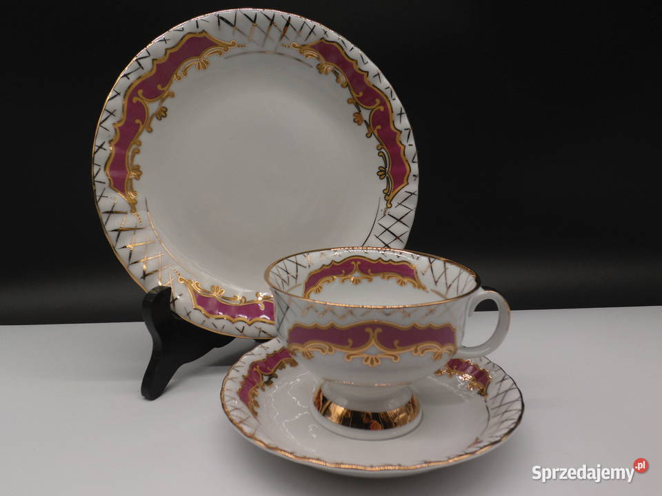 Porcelanowe Trio Śniadaniowe CHODZIEŻ Purpura i Raszków