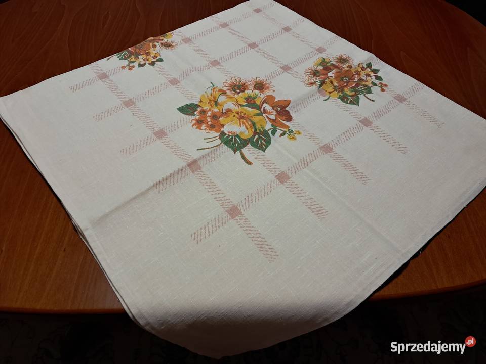 Obrus lniany kremowy w kwiaty 140x136 do Kraków