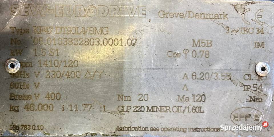 motoreduktor przekładnia 15kW 120obr 3fazowy kujawsko-pomorskie Pigża