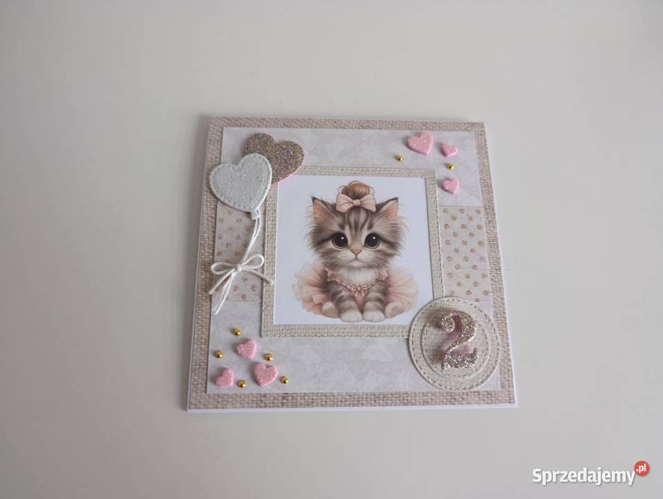 Kartka ręcznie robiona na urodziny z kotkiem Łódź