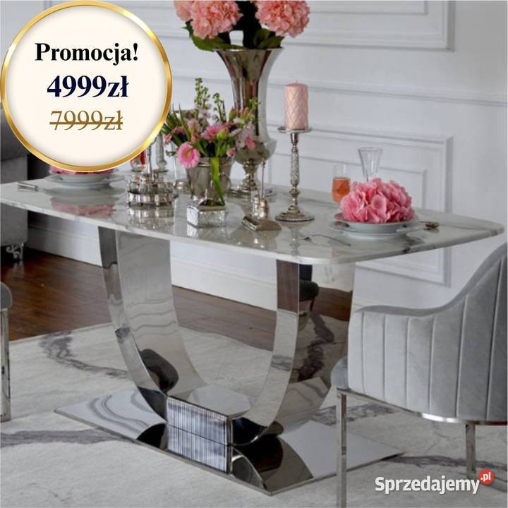 Stół glamour srebrny z marmurowym białym blatem Warszawa