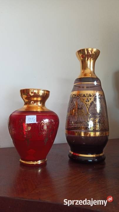 Karafka Wazon brązowe szkło malowany złotem Porcelana i szkło pomorskie