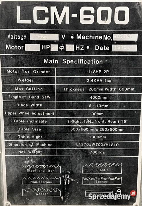 Piła taśmowa pionowa LCM600 ze zgrzewarką małopolskie