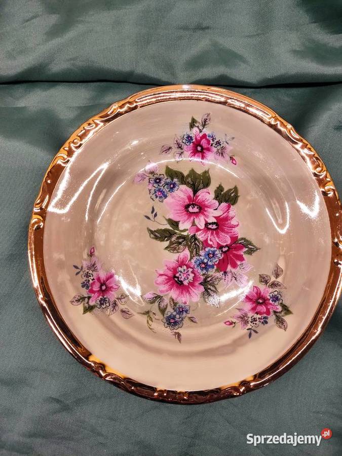 Talerzyk porcelanowy Chodzież w kwiaty i złotą Głuchołazy