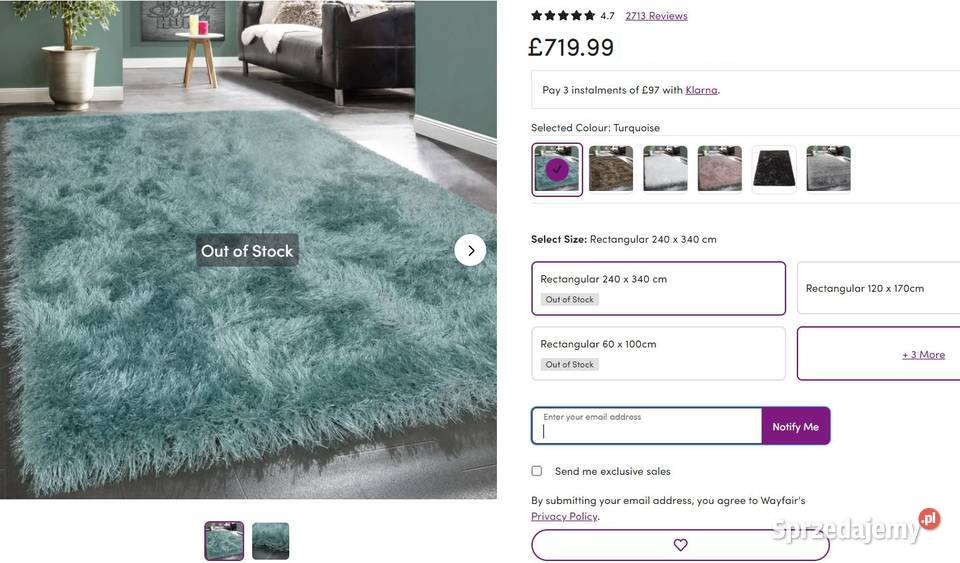 OUTLET Dywan GLAMOUR turkusowy KUDŁACZ 240 x 340