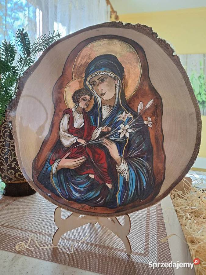 Obraz malowany ręcznie na plastrze brzozy Maryja Strzyżów