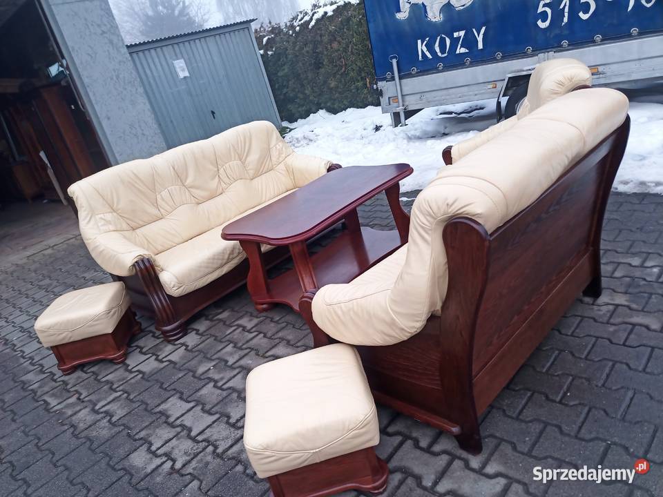 Komplet Rozkładany CREAM 321 i 2X Pufa i Ława śląskie