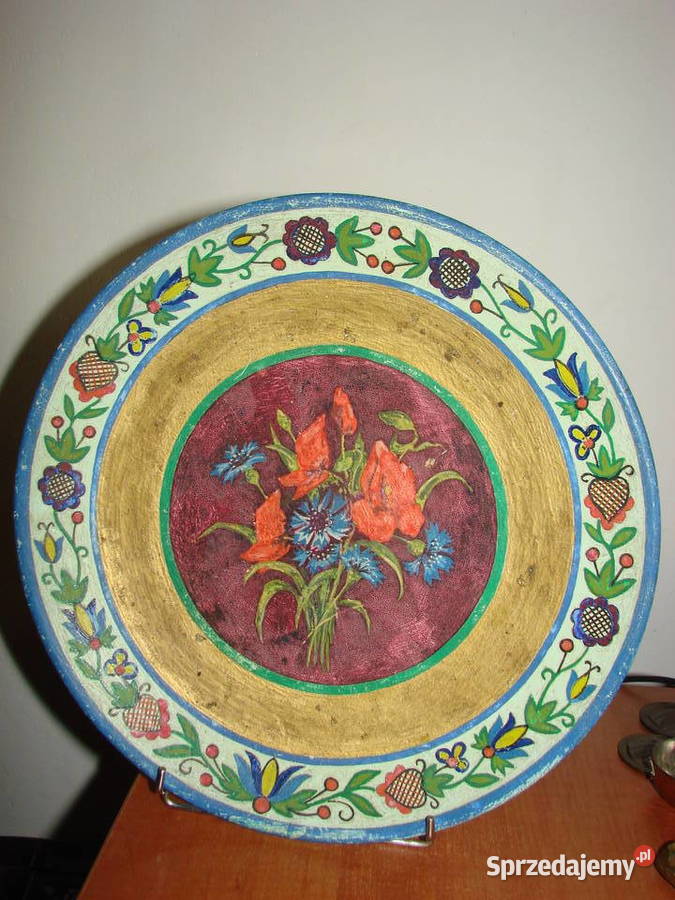 drewniany talerz z wzorem kaszubskim Antyki, Sztuka, Kolekcje