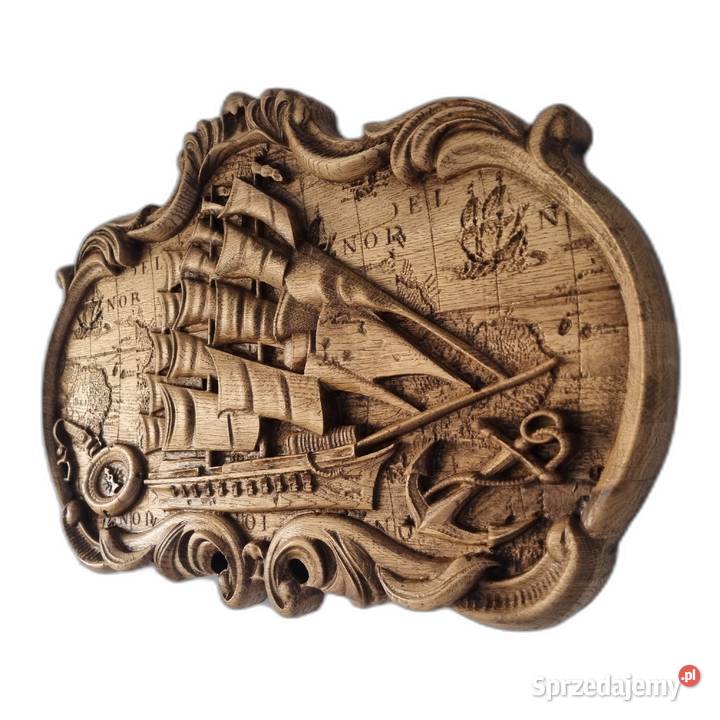 Rzeźbiony obraz z drewna Żaglowiec Mapa Świata sprzedam
