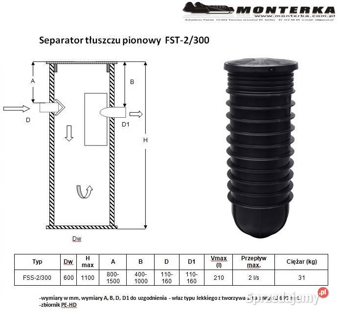 Separator tłuszczu przepływ 2 ls Pojemność 300 l zachodniopomorskie Tanowo sprzedam