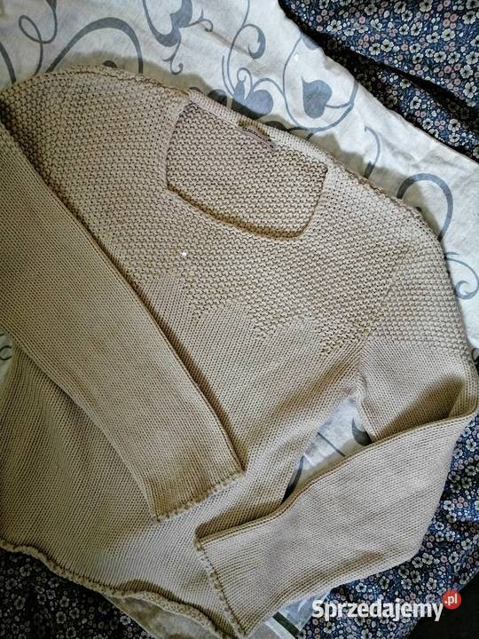 Beżowy sweter z delikatnymi cekinami dekolcie Tk brązowy/beżowy wielkopolskie Leszno