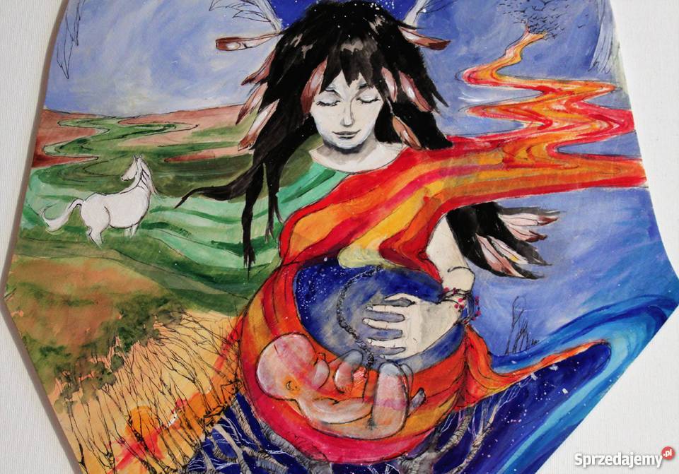 Duży anioł malowany akrylami na drewnie ANIOŁ Rękodzieło sprzedam