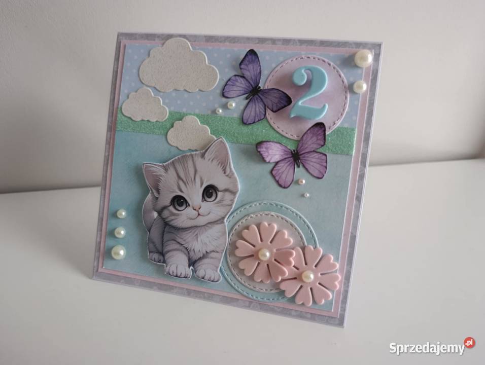Kartka ręcznie robiona na urodziny kotek Łódź