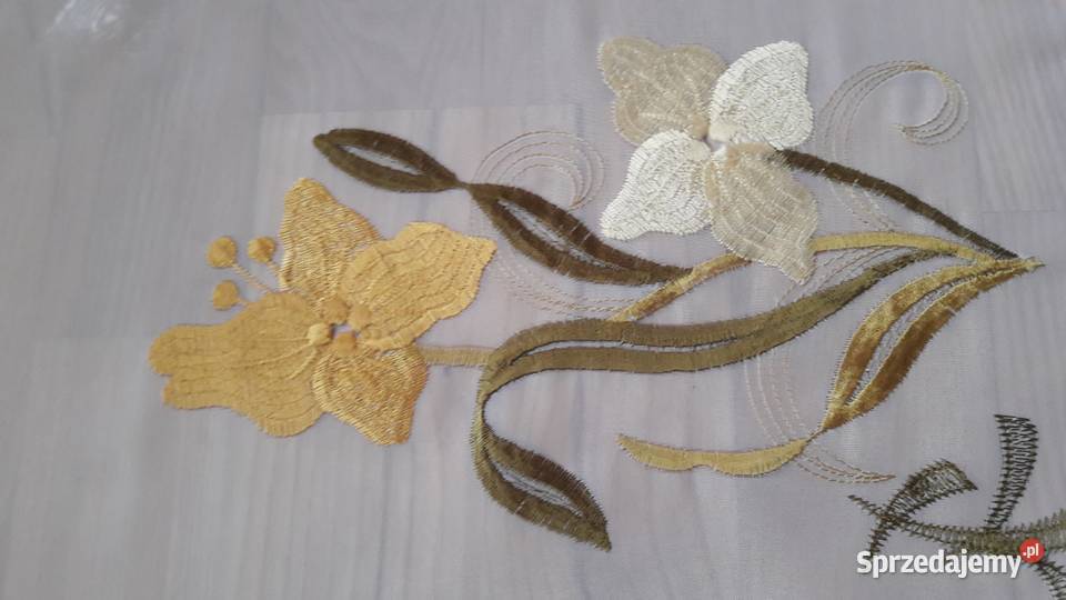 Biały woal żółte haftowane kwiaty zazdrostka 50 Wystrój okien