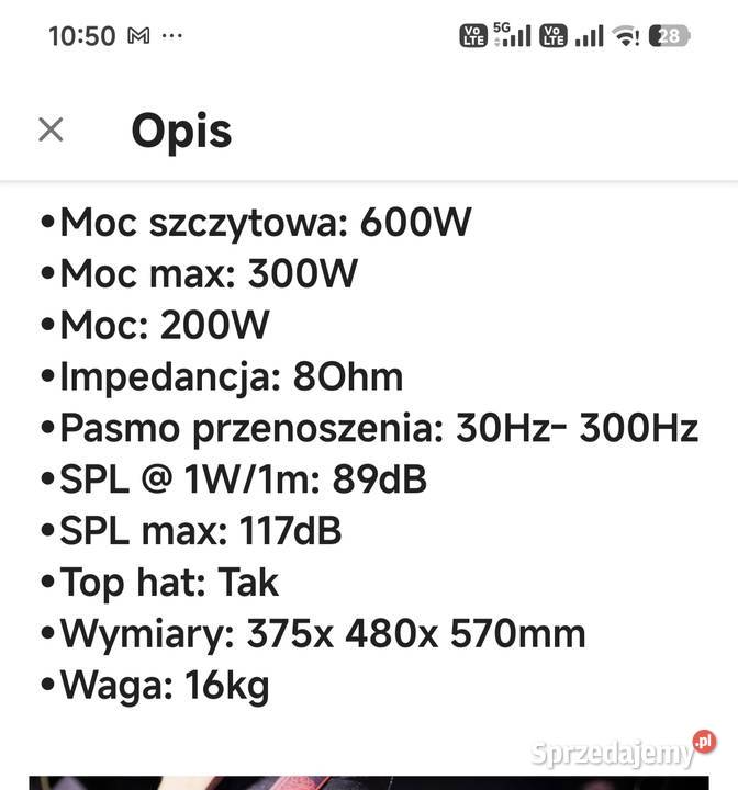Sprzedam subwoofer pasywny Moc 300 Września
