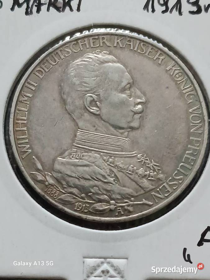 3 Marki Prusy Wilhelm II 1913 r Śliczne Konin