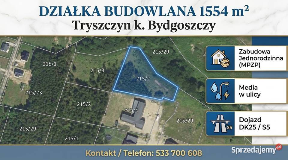 Działka budowlana 1554 m Tryszczyn k Bydgoszczy
