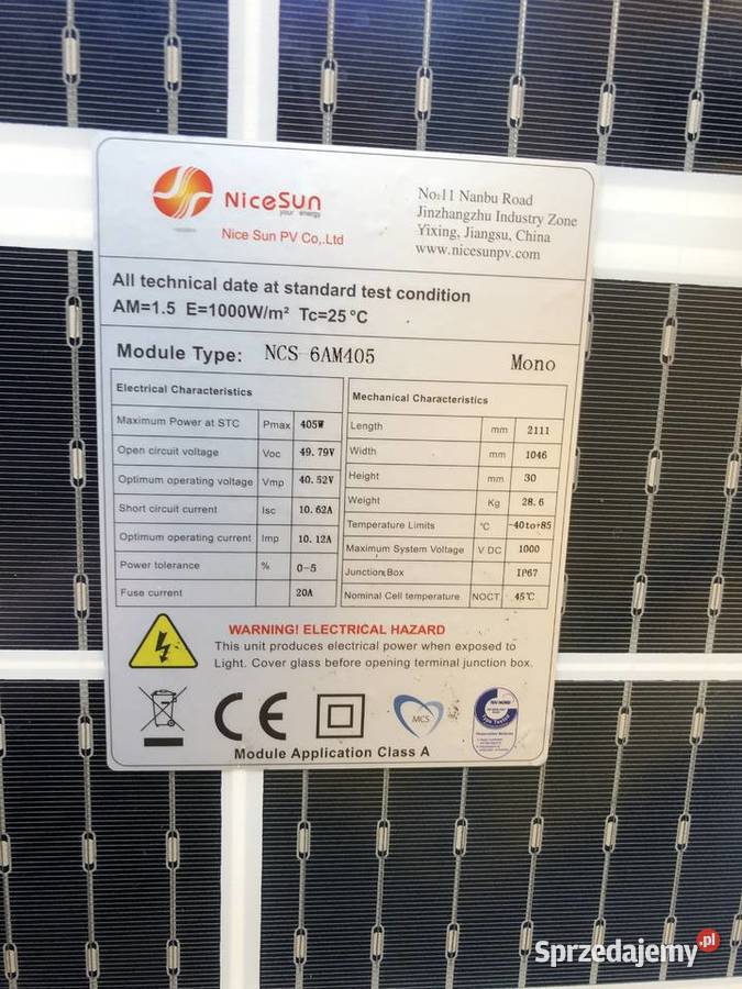 PANEL FOTOWOLTAICZNY 405W 1046MMx2111MMx30MM Tarnów