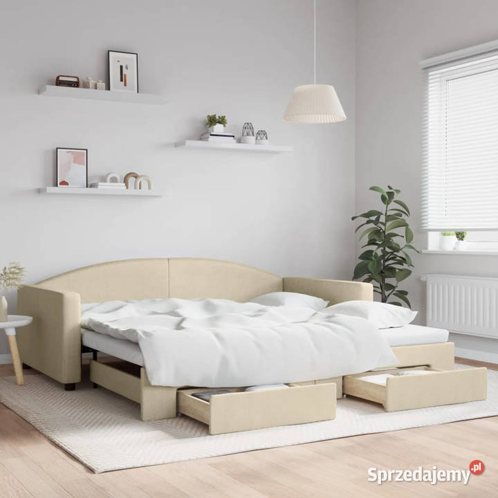 Sofa rozsuwana z szufladami kremowa tkanina Meble Warszawa