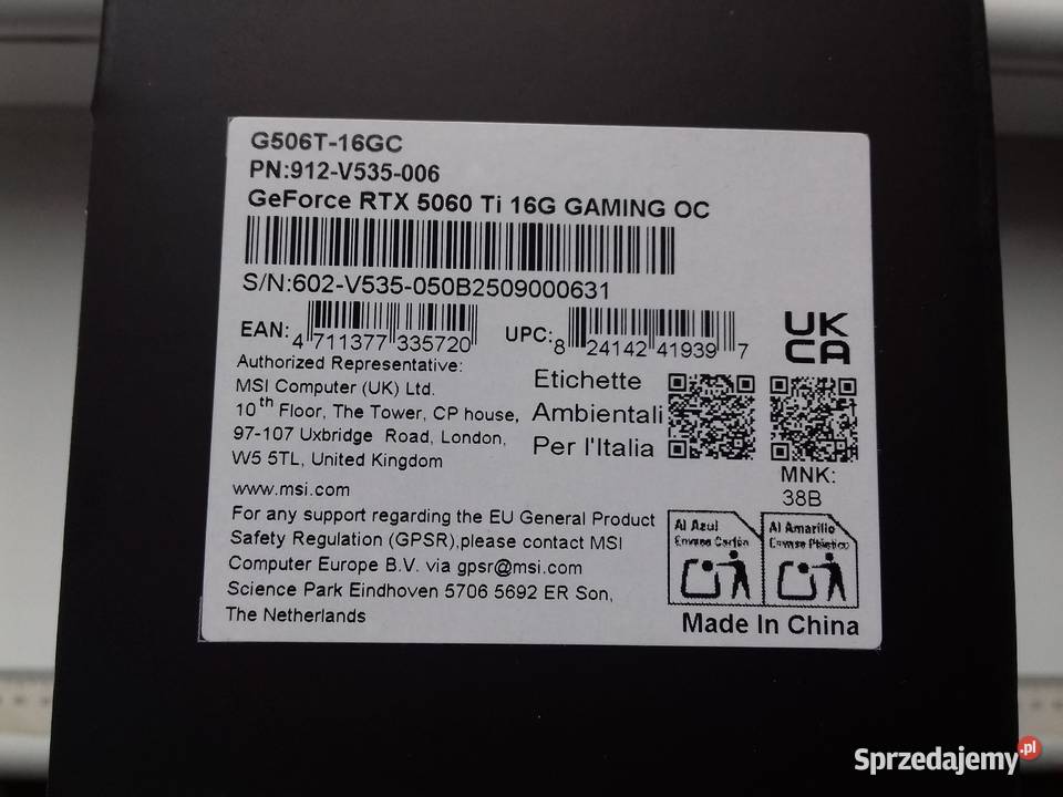 Pudełko MSI GeForce RTX 5060Ti 16GB gddr7 na