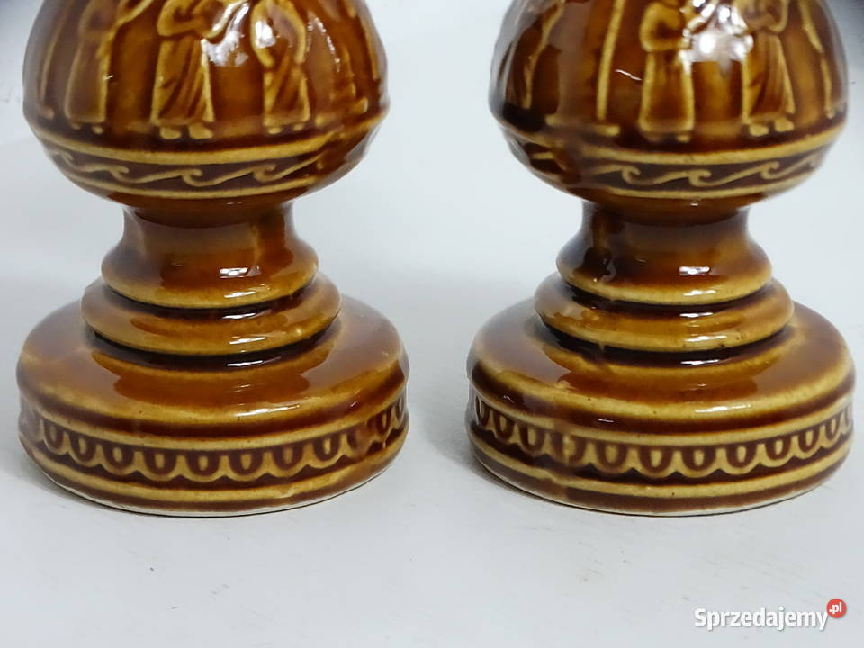 Piękne brązowe ceramiczne świeczniki vintage Biłgoraj