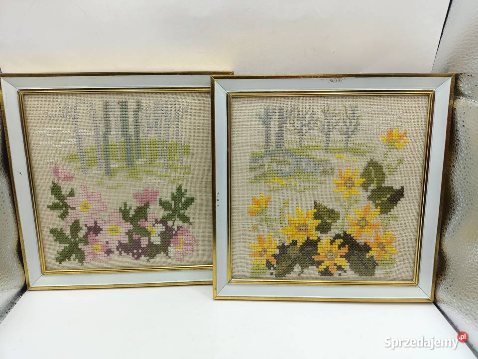 Dwa obrazki roślinny haft pod szkłem lubelskie Zamość