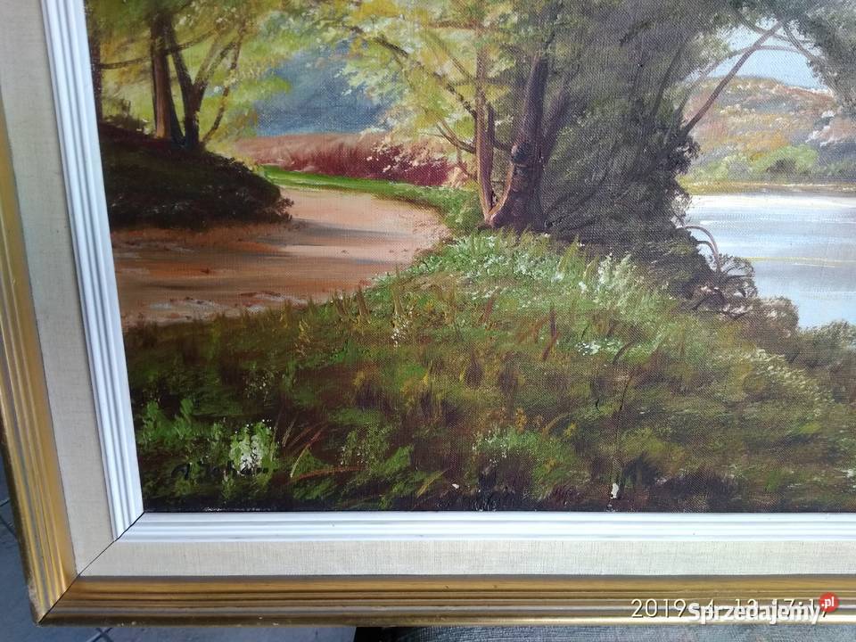 PARK Z JEZIOREM PEJZAŻ OLEJ NA PŁÓTNIE SYGNOWANY Warszawa