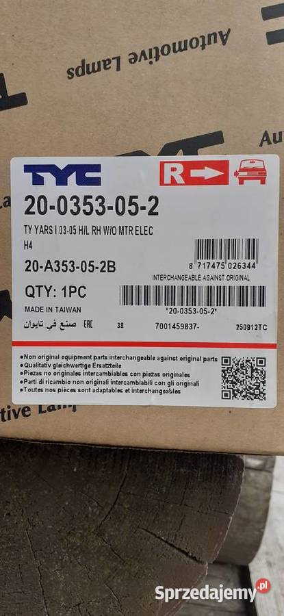 Reflektor przód prawy TYC Toyota Yaris 1 osobowe Siepraw