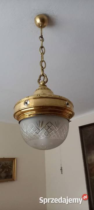 Lampa wisząca z mosiądzu kryształowy klosz Skierniewice