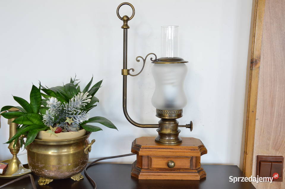 elektryczna lampa naftowa drewno mosiądz stara Jastrzębie-Zdrój