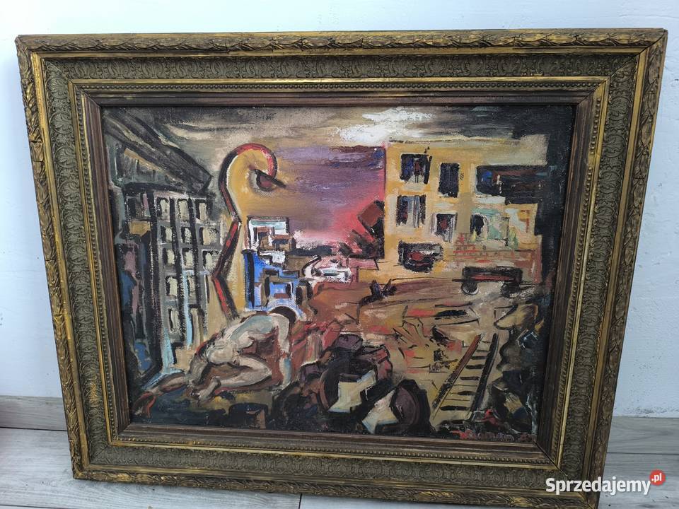 Piękny stary oryginalny obraz olejny 1947 r Malarstwo Łódź