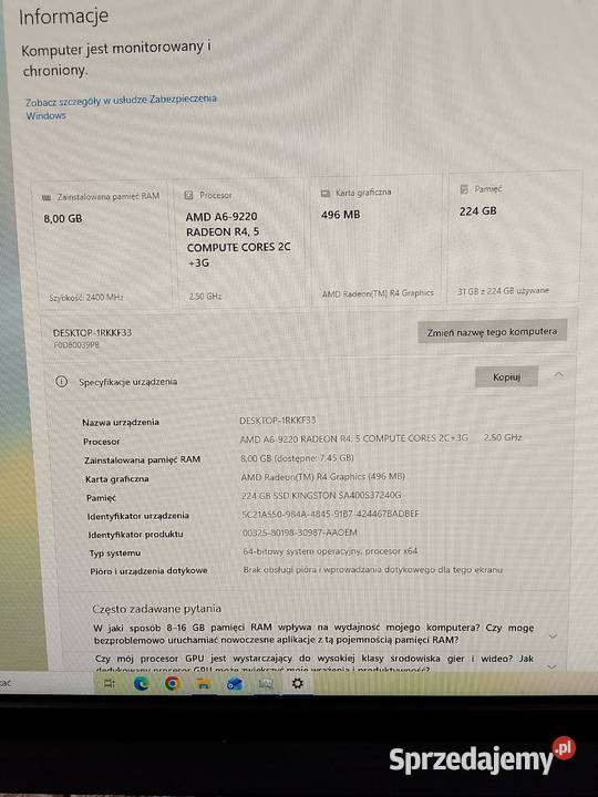 Komputer Lenovo Ideacentre AIO 52022AST Klasy AMD APU Rymanów sprzedam