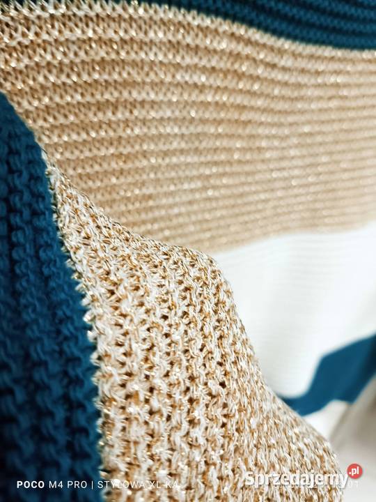 Stylowy ciepły sweter złota nitka paski125 Wieluń sprzedam