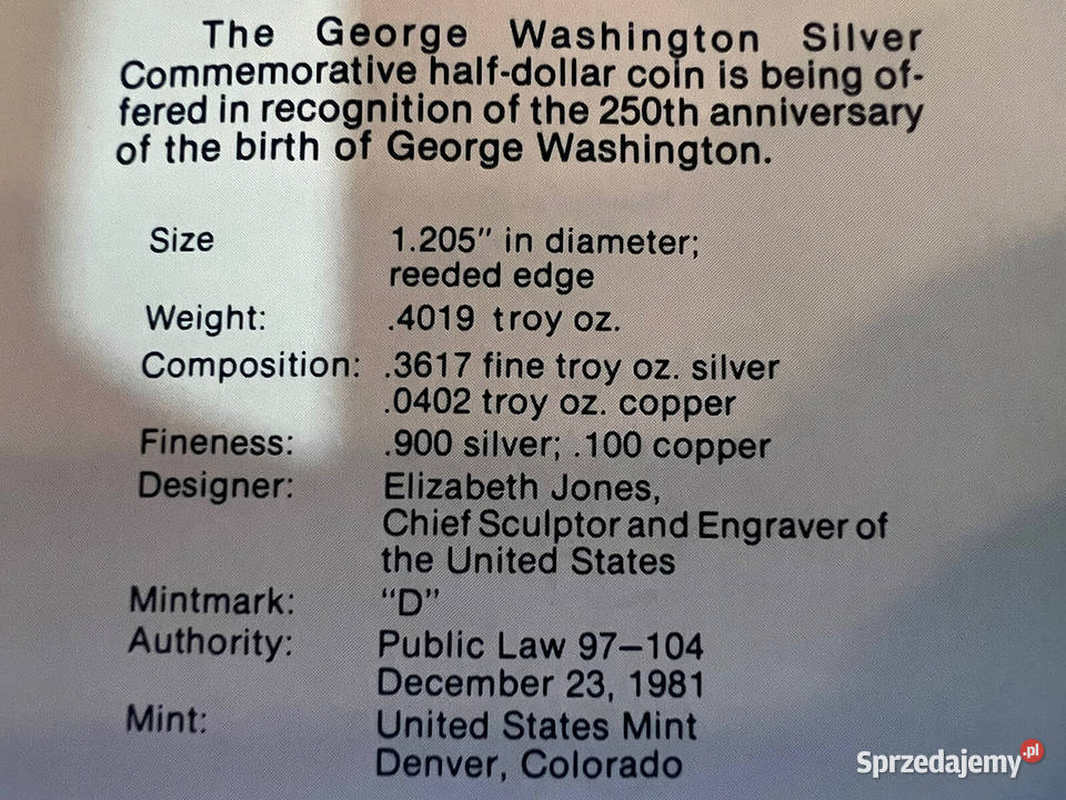 1982D Nieobwodowy George Washington Silver mazowieckie Warszawa