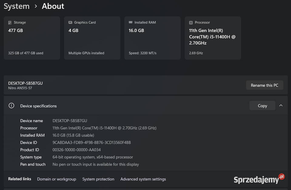 Laptop Do Gier RTX 3050 i511400H Inny Windows Acer