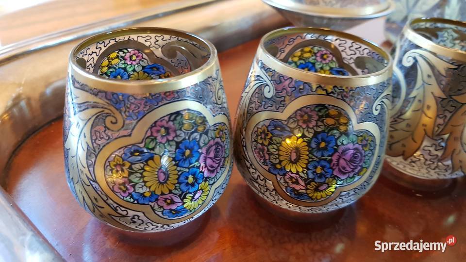 Karafka kieliszki kulawka emalia Hermann Pautsch Orneta