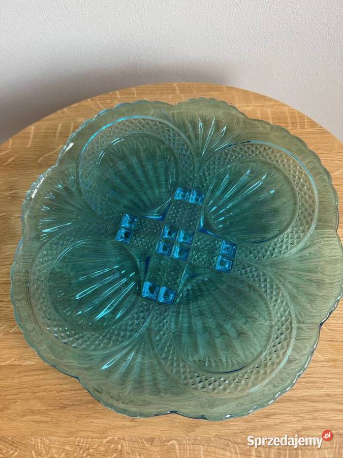 Talerz patera HSG Ząbkowice szkło turkus wzór Dąbie