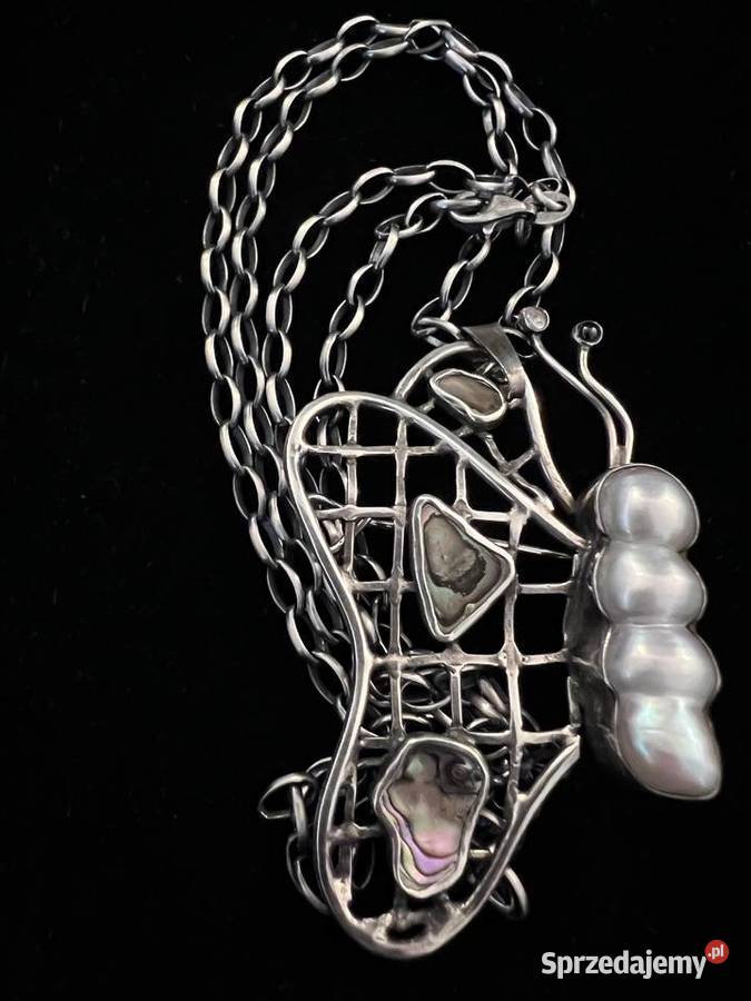 Srebrny wisior broszka motyl perły akwamaryn Wisiorki Warszawa