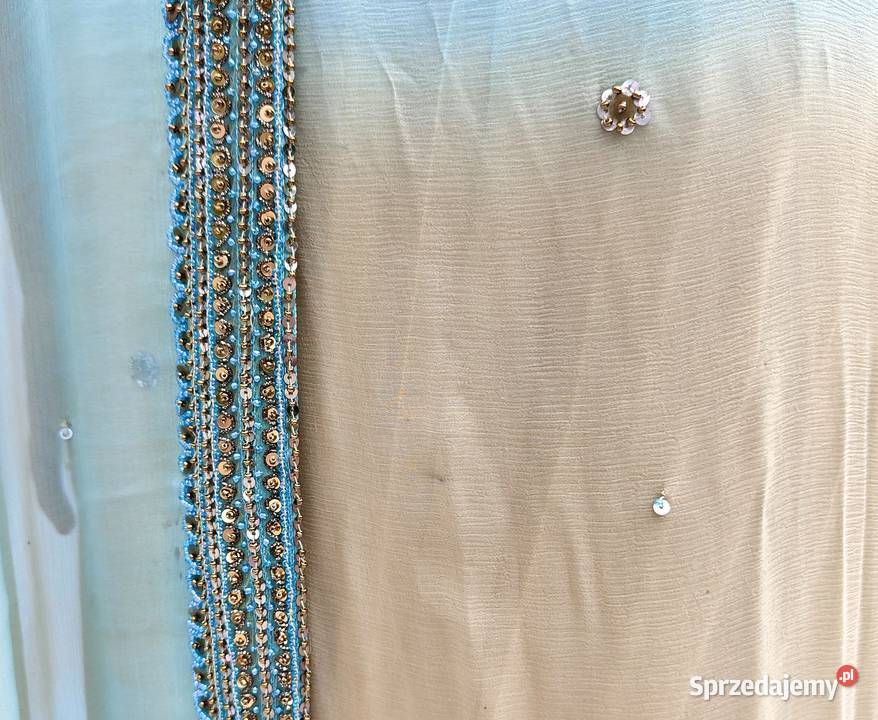 Piękne zdobione sari beż turkus koraliki saree Szczecin