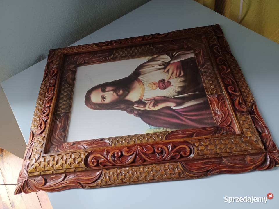 Piękna stara rama ręcznie rzeźbiona z Jezusem Łódź