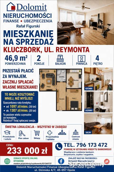 2 pokoje 469 m Balkon Centrum Kluczborka Do Mieszkania