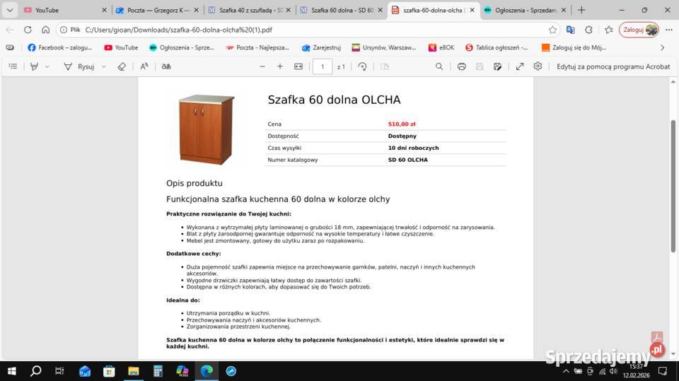 Szafki kuchenne 60 i 40 dolne w kolorze olchy 85cm Warszawa