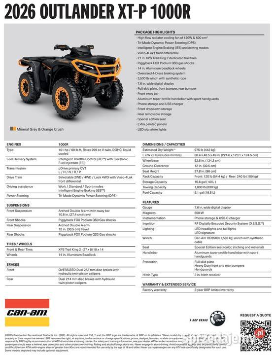 CanAm Outlander XTP 1000R 4HTA 2026 Mineral Grey Nowy Sącz