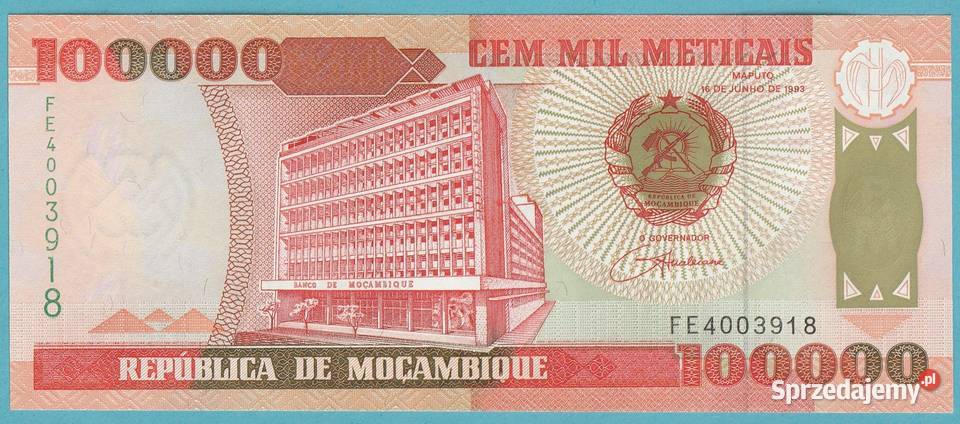 MOZAMBIK 100 000 METICAIS 1993 STAN BANKOWY UNC