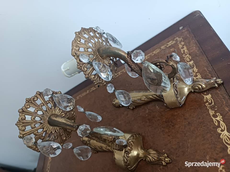 Stare kinkiety z kryształami mosiądz Budzyń
