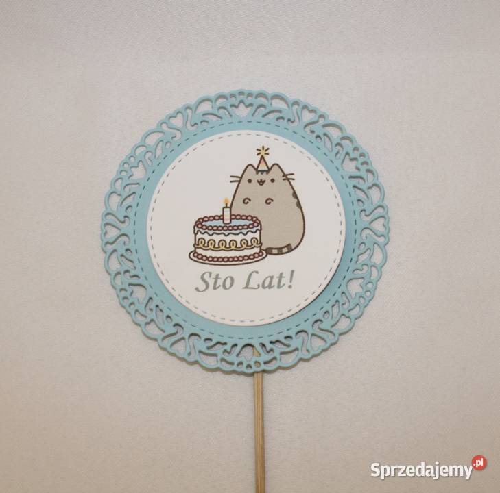 Topper na tort urodziny szary kot Pusheen różowy sprzedam