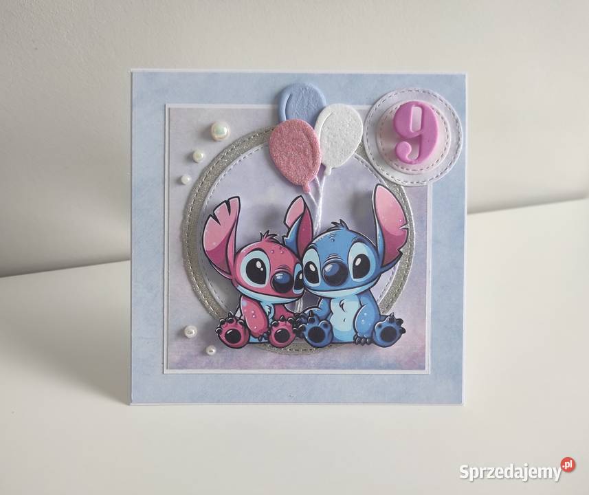 Kartka ręcznie robiona na urodziny Stich i Angel Łódź