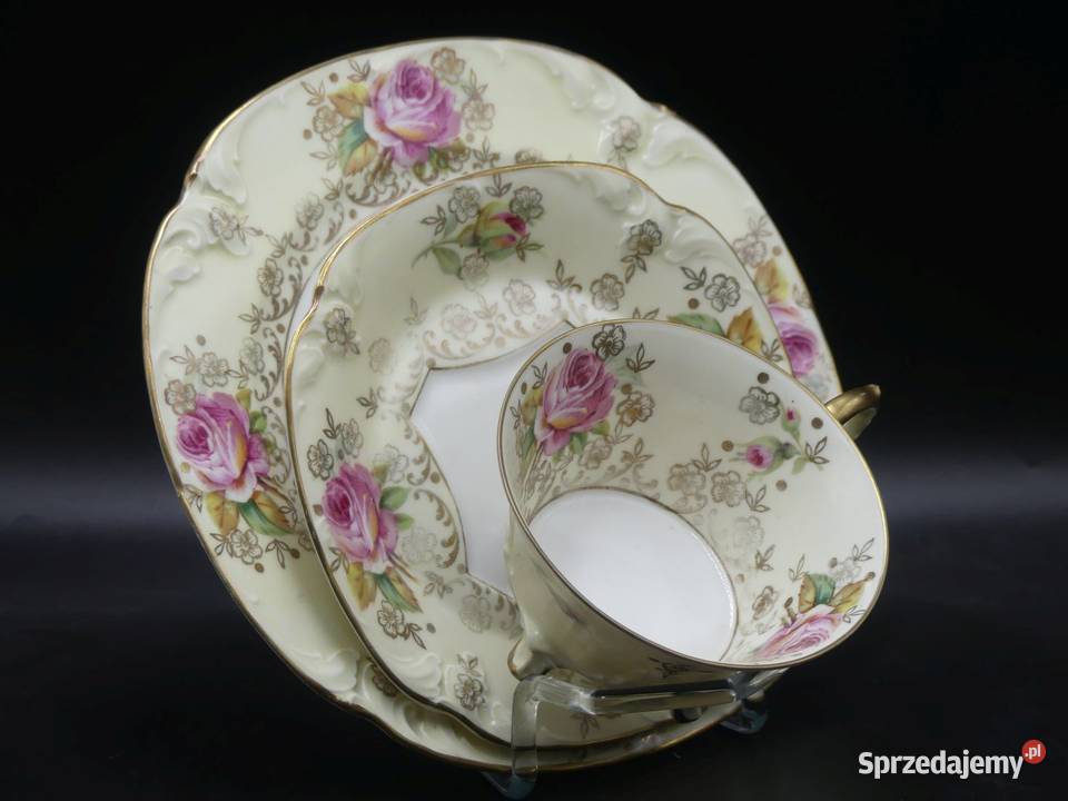 Zjawiskowe różane trio Tułowice Tillowitz 1928 Porcelana i szkło Poznań