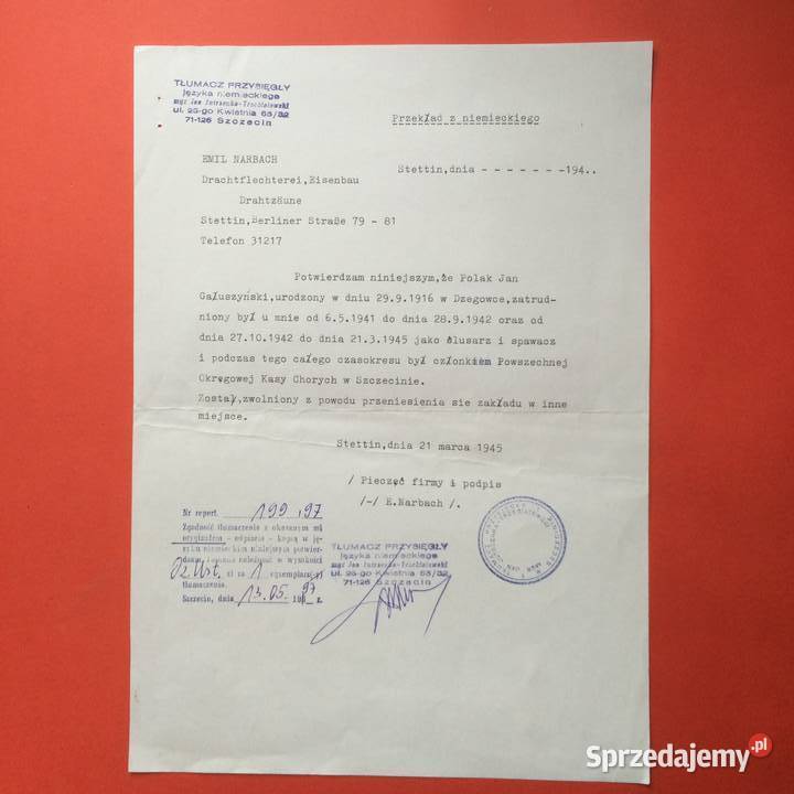 1953 Dokument Niemiecki Z Firmy E Narbach Szczecin